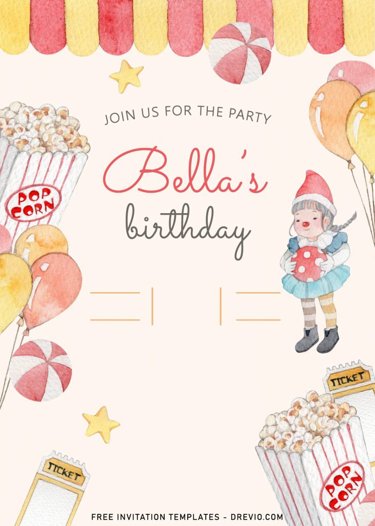 8+ Cute Amusement Park Themed Kids Birthday Invitation Templates and has watercolor balls