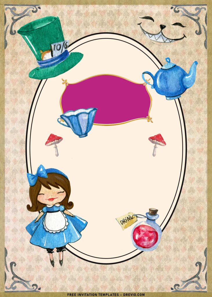 8+ Vintage Alice In Wonderland Birthday Invitation Templates with Mad Hatter hat