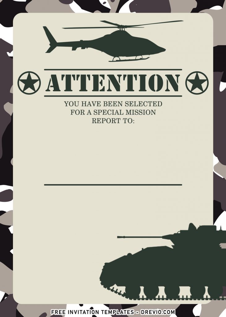 7+ Military Camouflage Themed Birthday Invitation Templates with search and rescue helicopter and tiger tank