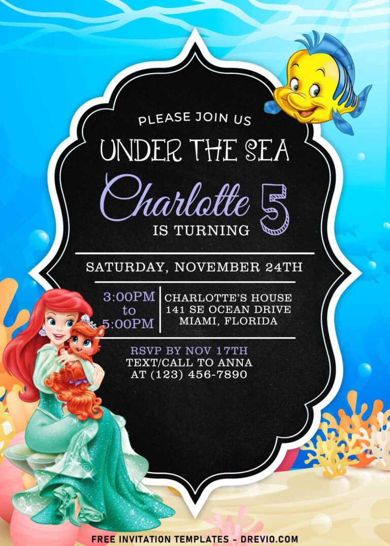 8+ Cartoon Chalkboard Ariel The Little Mermaid Birthday Invitation Templates
