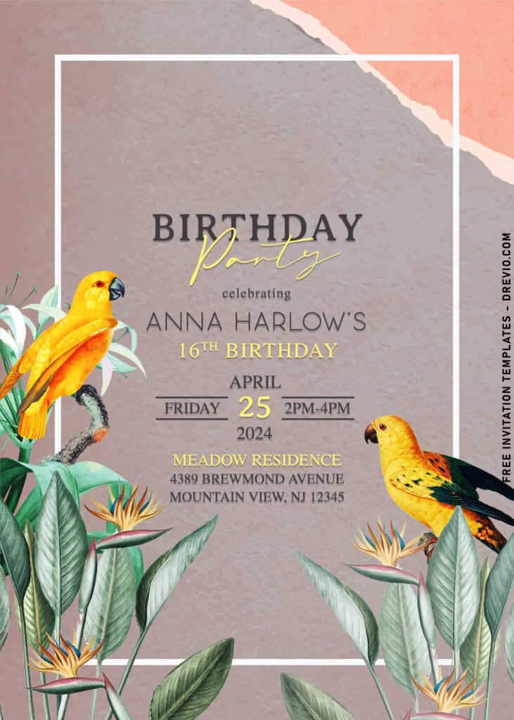 9+ Watercolor Tropical Macaw Bird And Foliage Birthday Invitation Templates