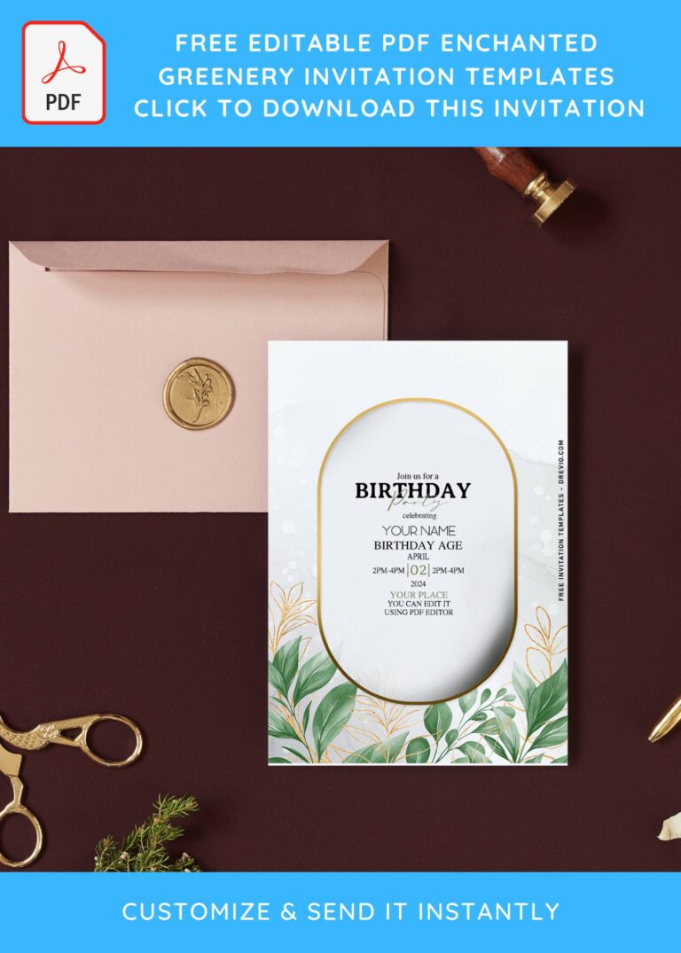 (Free Editable PDF) Gold Frame Greenery Invitation Templates For Modern Couples