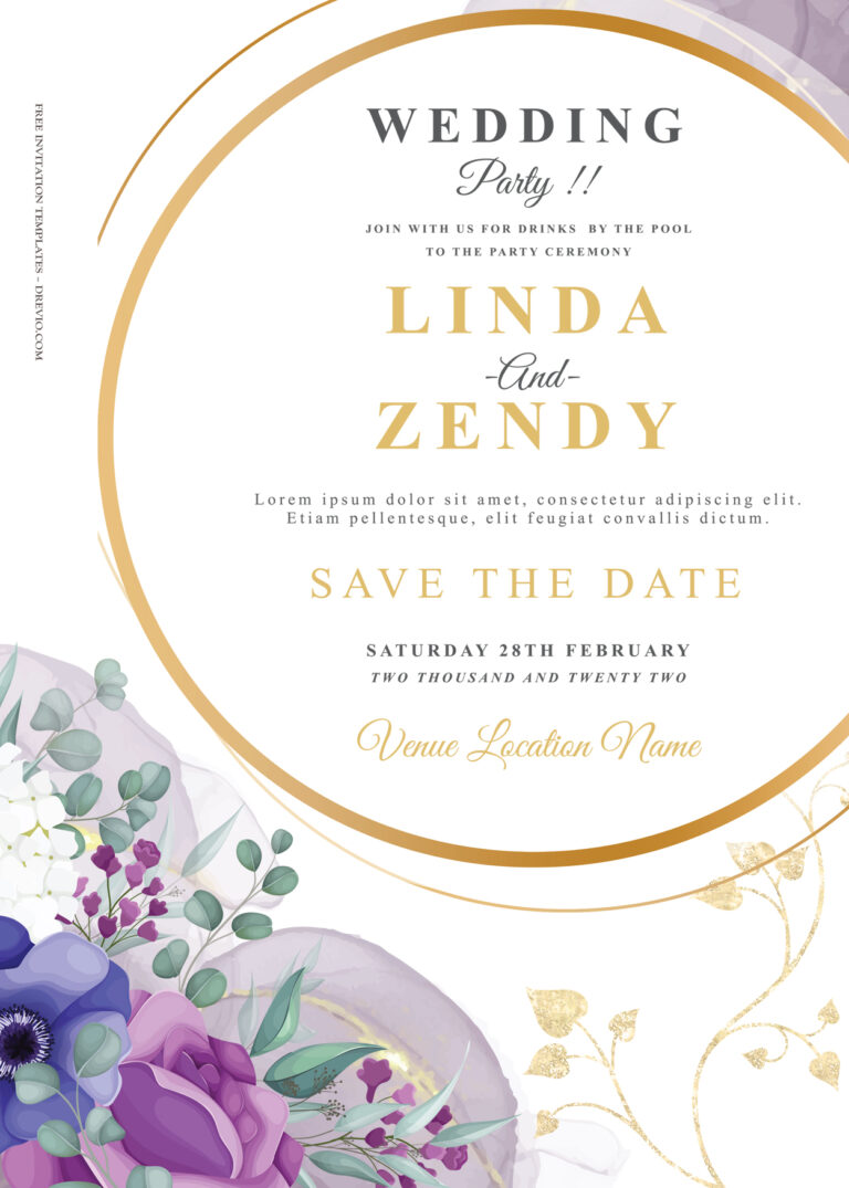 7+ The Flow Of Purple Floral Gold Wedding Invitation Templates Title