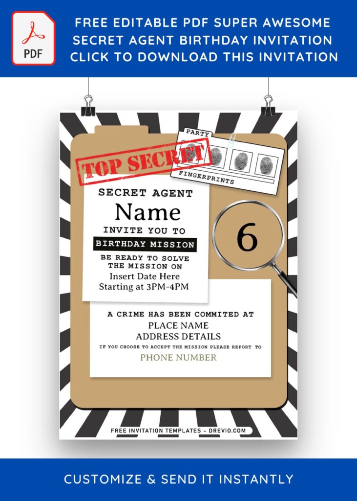 (Free Editable PDF) Super Awesome Secret Agent Birthday Invitation Templates with magnifying glass