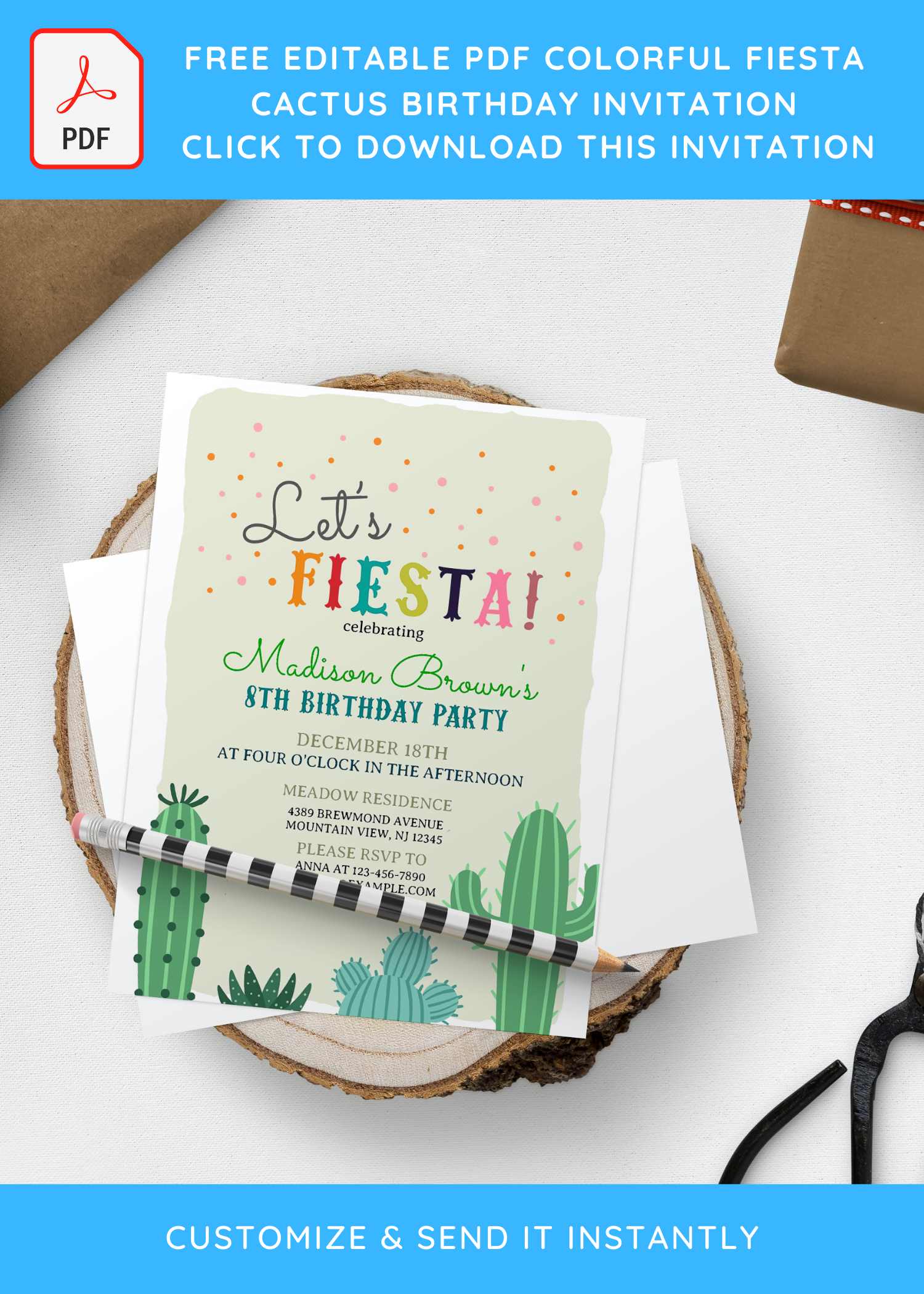 (Free Editable) Colorful Fiesta Cactus Birthday Invitation Templates
