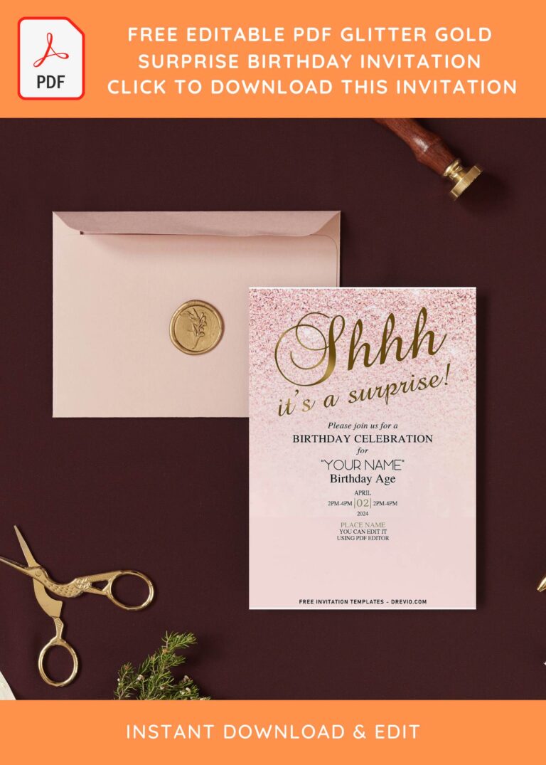(Free Editable PDF) Fancy Gold Surprise Birthday Invitation Templates with elegant wording
