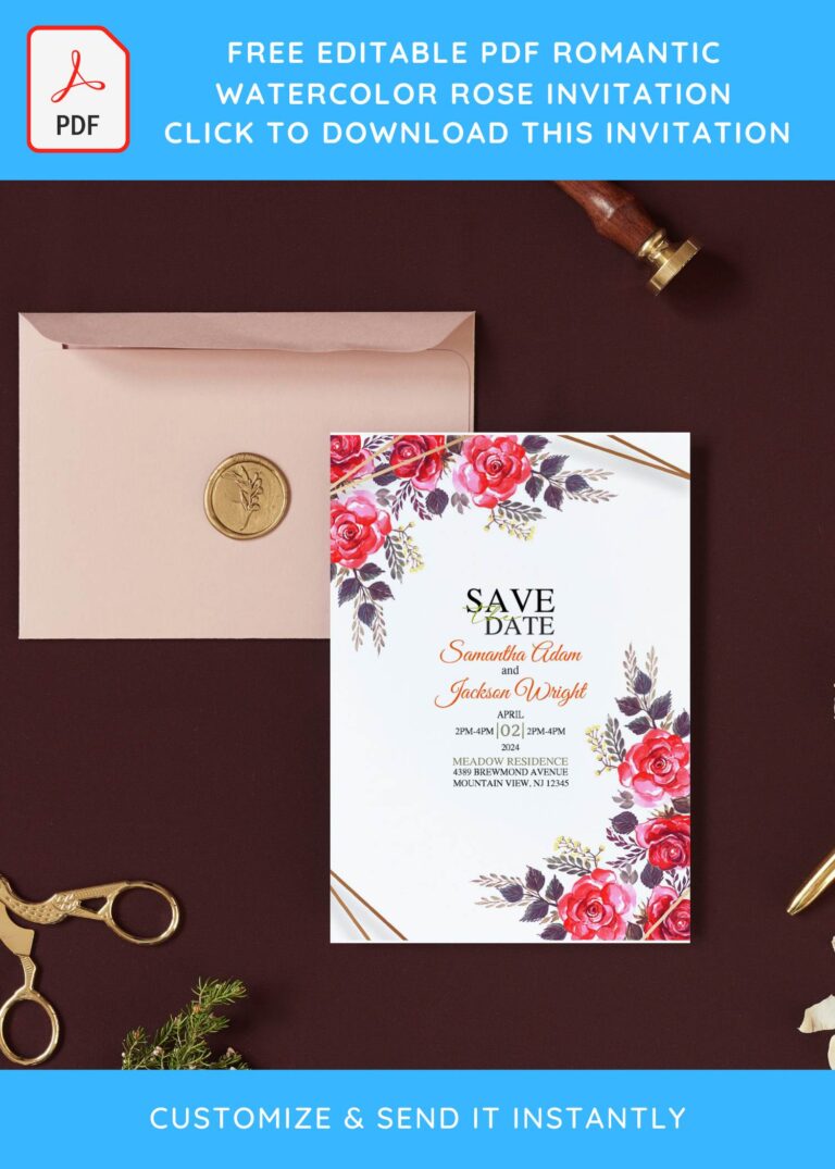 (Free Editable PDF) Romantic Rose Save The Date Invitation Templates with white background