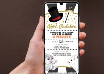 (Free Editable PDF) Retro Abracadabra Magic Birthday Invitation Templates with top hat