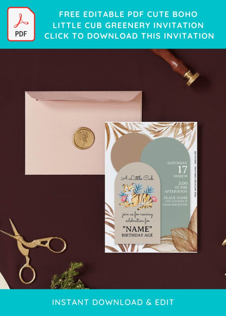 (Free Editable PDF) Adorable Boho Little Cub Birthday Invitation Templates with greenery leaves