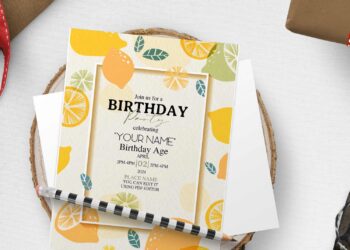 (Free Editable PDF) Botanical Lemon Fruit Birthday Invitation Templates with white yellowish background