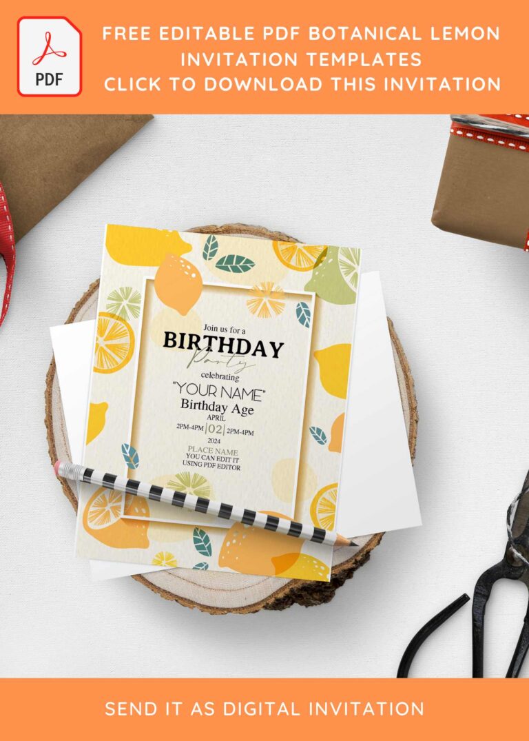 (Free Editable PDF) Botanical Lemon Fruit Birthday Invitation Templates with white yellowish background