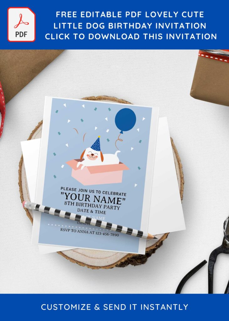 (Free Editable PDF) Lovely Cute Puppy Paw-Ty Birthday Invitation Templates with blue balloon