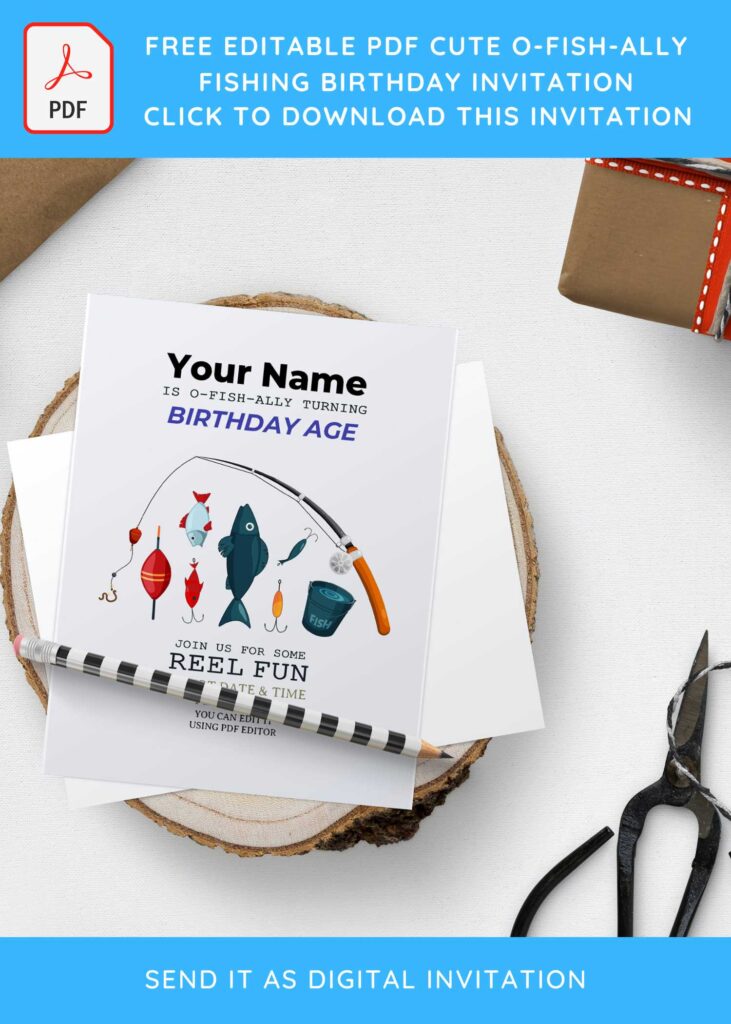 (Free Editable PDF) Simple O-Fish-Ally Fishing Birthday Invitation Templates
