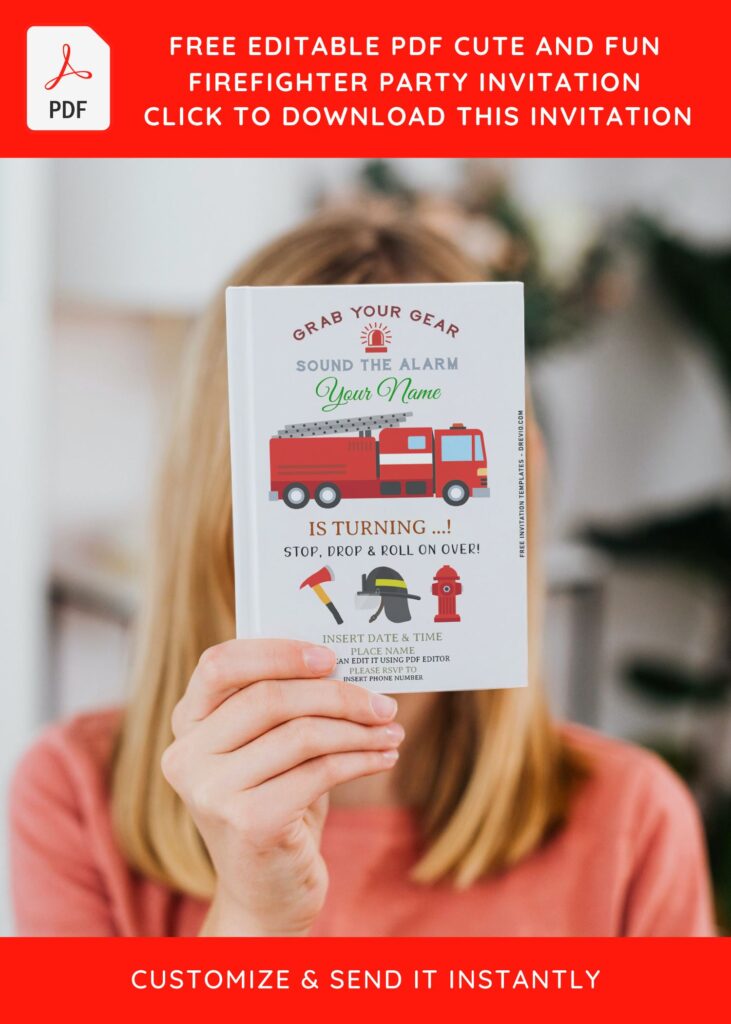 (Free Editable PDF) Simple Firefighter Kids Birthday Invitation Templates with emergency axe