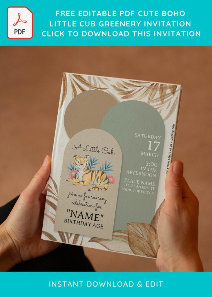 (Free Editable PDF) Adorable Boho Little Cub Birthday Invitation Templates with eucalyptus