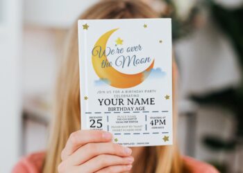 (Free Editable PDF) We Are Over The Moon Birthday Invitation Templates with watercolor clouds