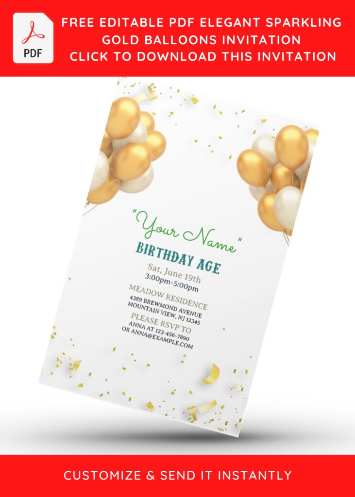 (Free Editable PDF) Elegant Sparkling Gold Balloons Invitation Templates with stunning gold balloons