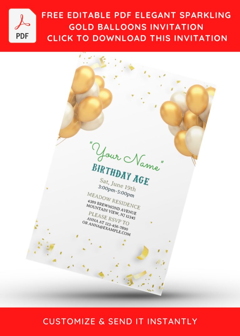(Free Editable PDF) Elegant Sparkling Gold Balloons Invitation Templates with stunning gold balloons