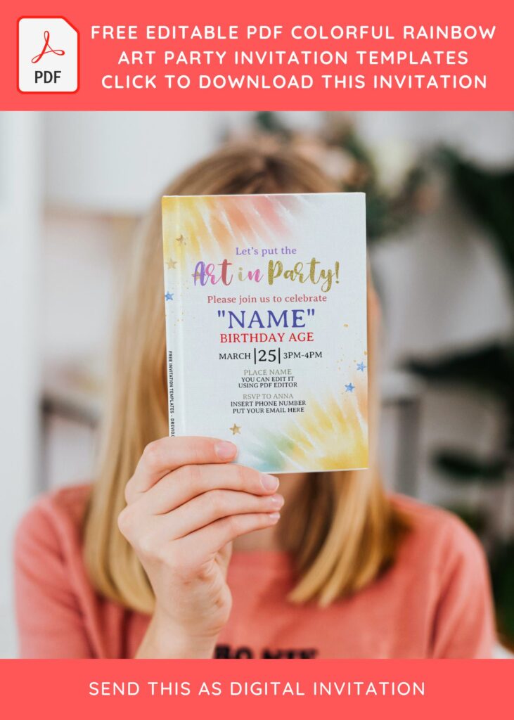 (Free Editable PDF) Colorful Tie Dye Art Party Invitation Templates with cute wording