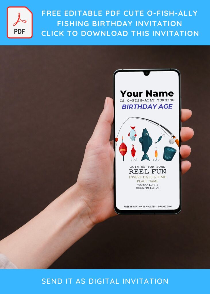 (Free Editable PDF) Simple O-Fish-Ally Fishing Birthday Invitation Templates with fishing rod