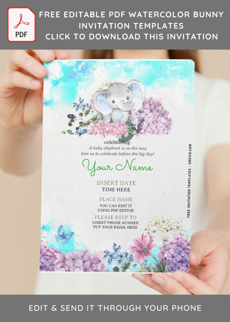 (Free Editable PDF) Adorable Baby Elephant Birthday Invitation Templates with enchanting blue watercolor background