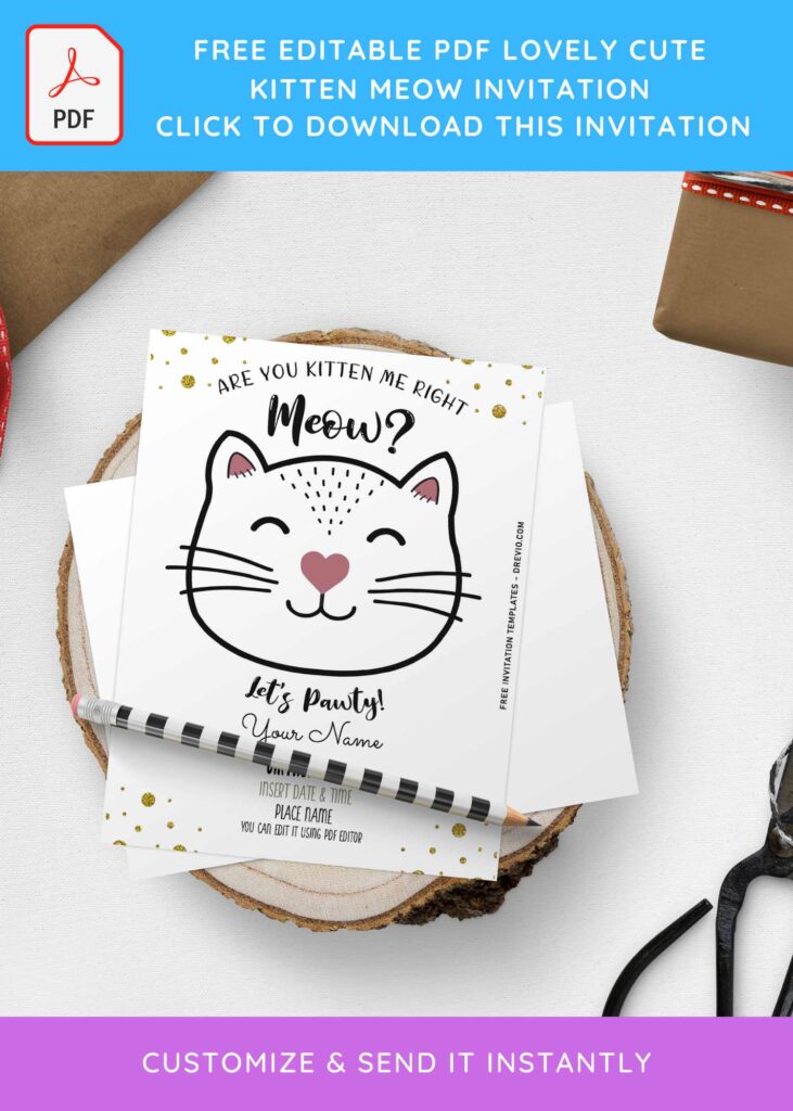 (Free Editable PDF) Lovely Cute Kitten Meow Birthday Invitation Templates with cute wordings