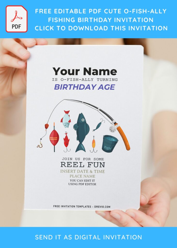 (Free Editable PDF) Simple O-Fish-Ally Fishing Birthday Invitation Templates with cute wordings