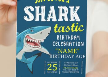 (Free Editable PDF) Cute Shark-Tastic Birthday Invitation Templates with cute wordings