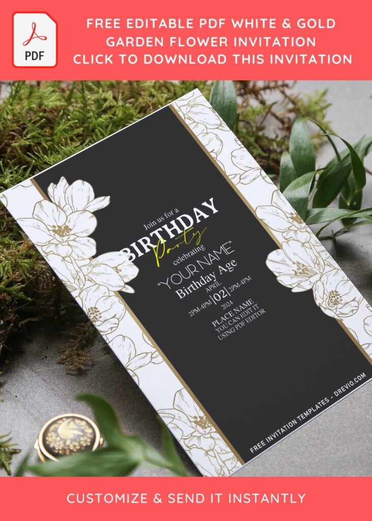 Free Editable PDF Elegant White Gold Garden Flower Invitation Templates