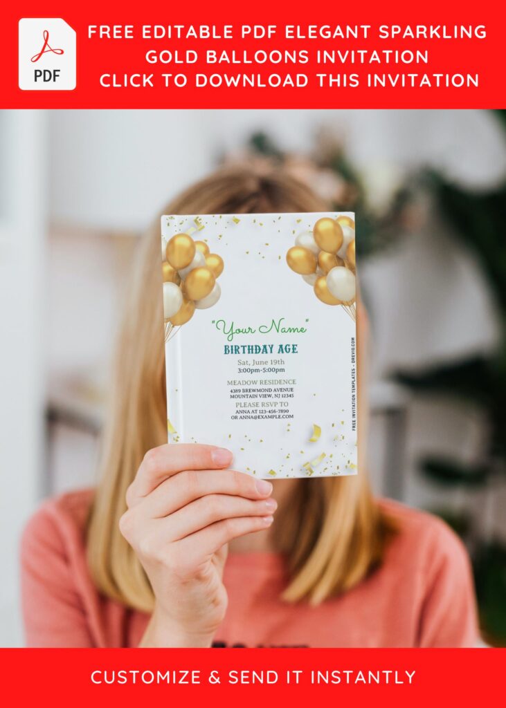 (Free Editable PDF) Elegant Sparkling Gold Balloons Invitation Templates with cute wordings