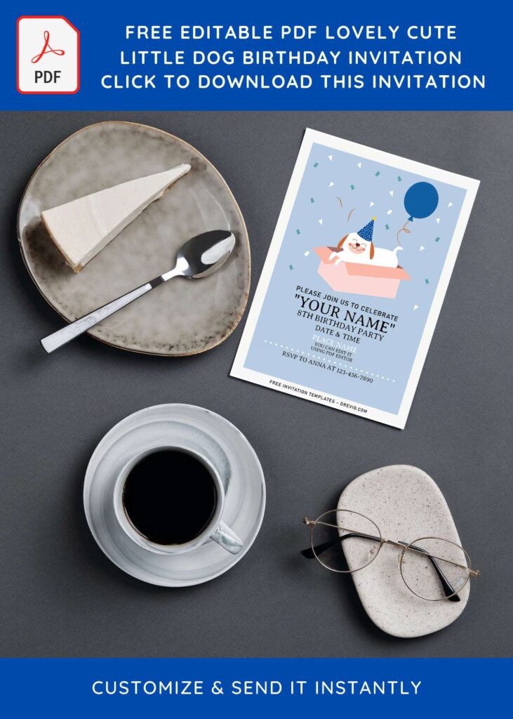 (Free Editable PDF) Lovely Cute Puppy Paw-Ty Birthday Invitation Templates with cute blue background