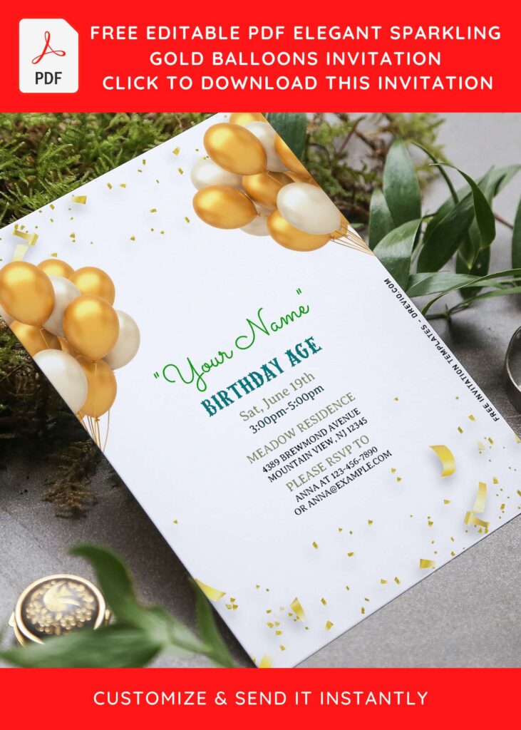Free Editable PDF Gleaming Gold Balloons Birthday Invitation Templates