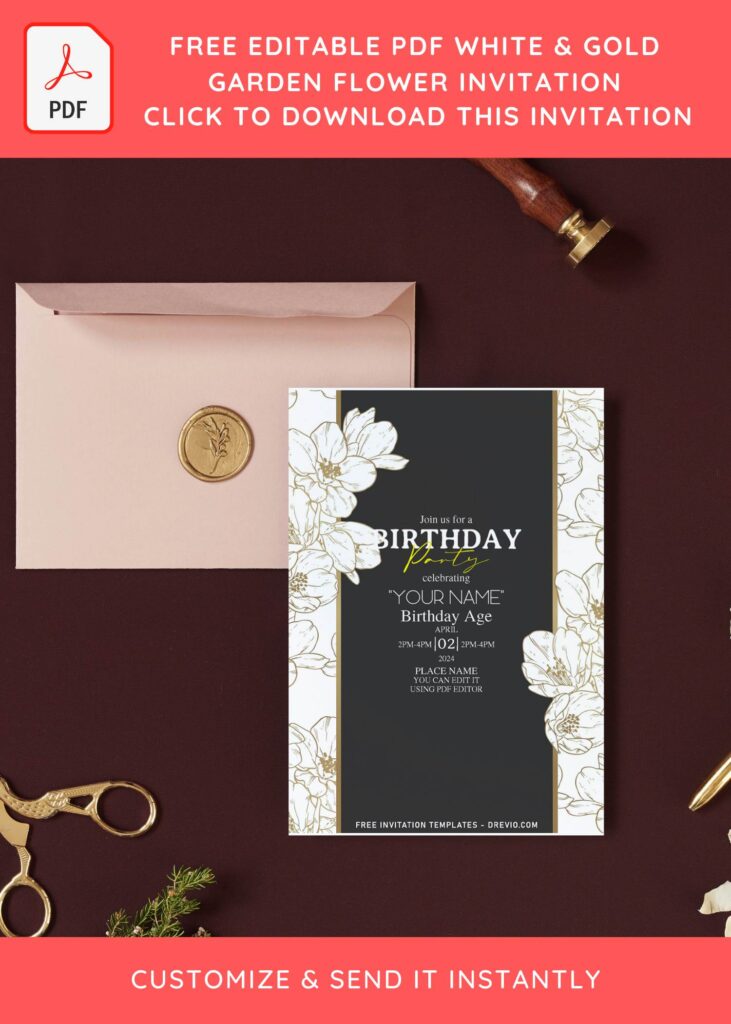 Free Editable PDF Gorgeous White Gold Garden Flower Invitation Templates