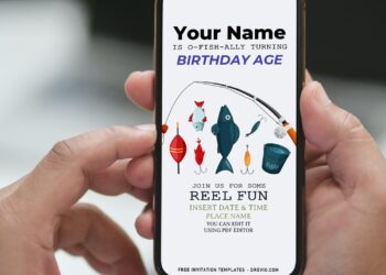 (Free Editable PDF) Simple O-Fish-Ally Fishing Birthday Invitation Templates with fishing reel