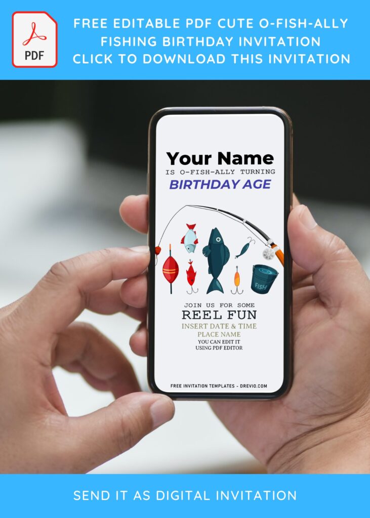 (Free Editable PDF) Simple O-Fish-Ally Fishing Birthday Invitation Templates with fishing reel