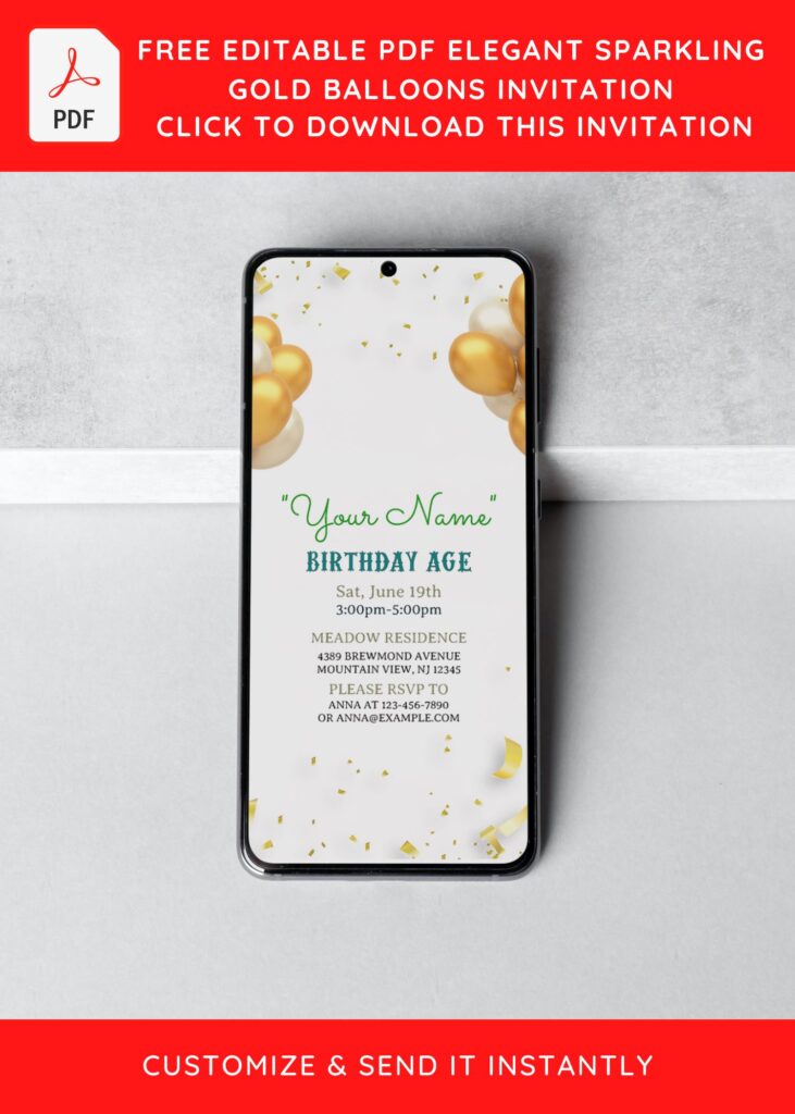 (Free Editable PDF) Elegant Sparkling Gold Balloons Invitation Templates