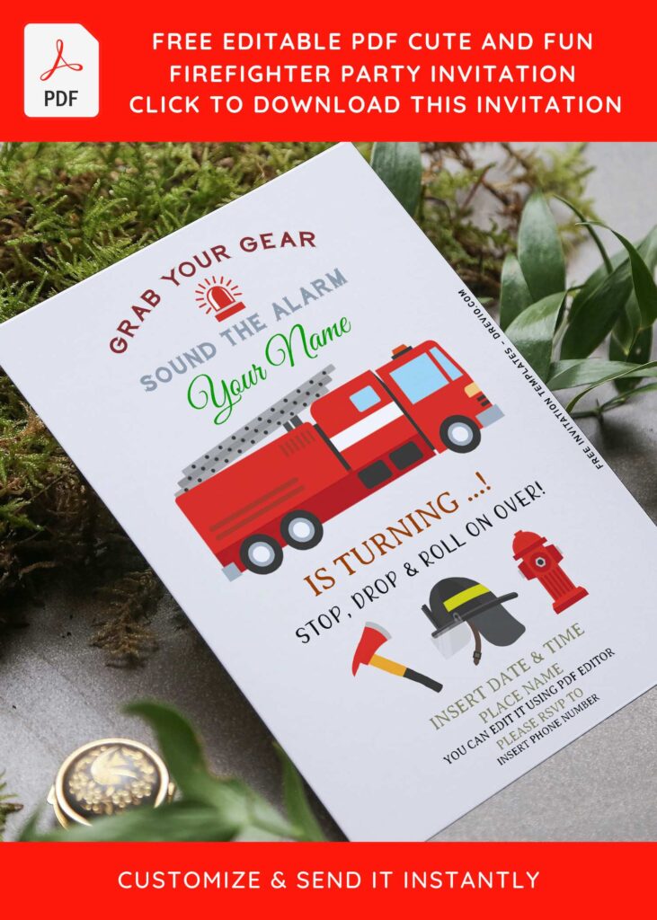 (Free Editable PDF) Simple Firefighter Kids Birthday Invitation Templates with white rustic background