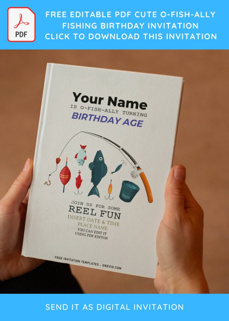 (Free Editable PDF) Simple O-Fish-Ally Fishing Birthday Invitation Templates with fishing bucket