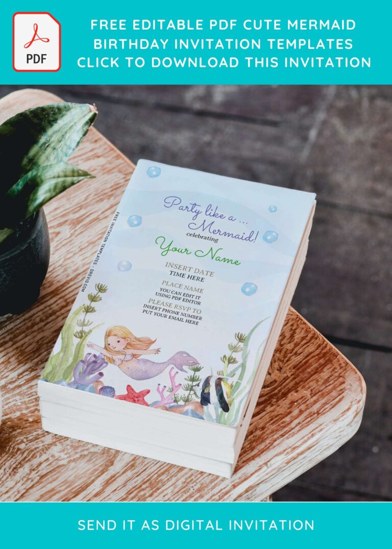 (Free Editable PDF) Cute Party Like A Mermaid Kids Birthday Invitation Templates with sea coral