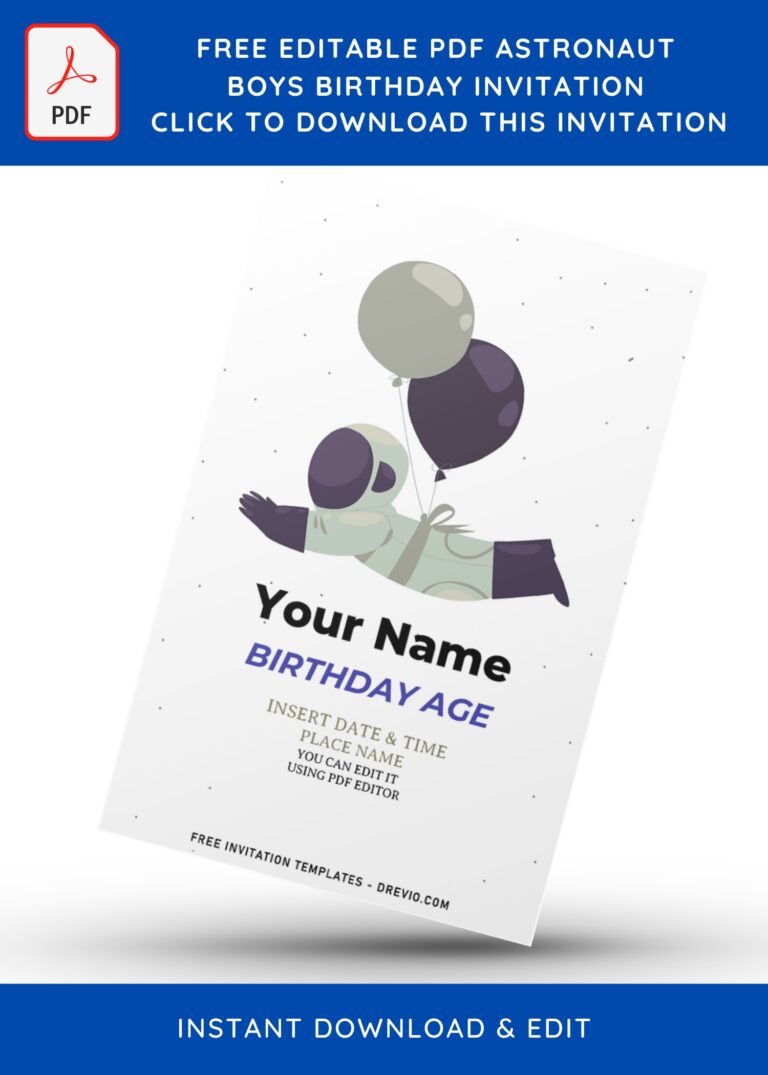 (Free Editable PDF) Cute Simple Astronaut Birthday Invitation Templates with white background