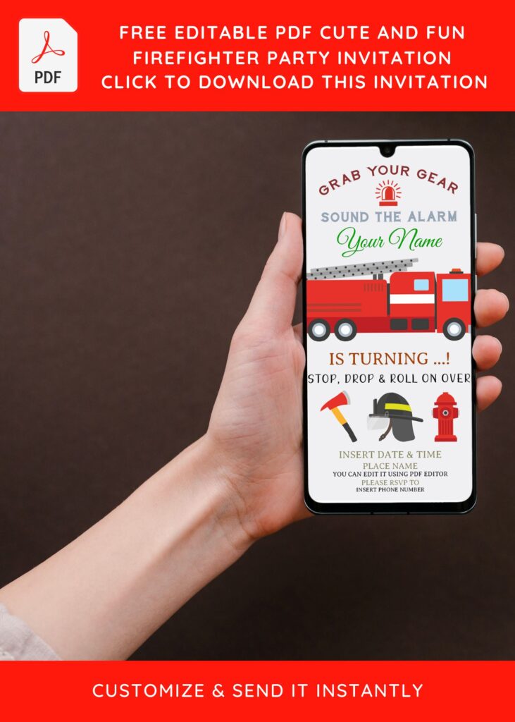 (Free Editable PDF) Simple Firefighter Kids Birthday Invitation Templates with cute red firetruck