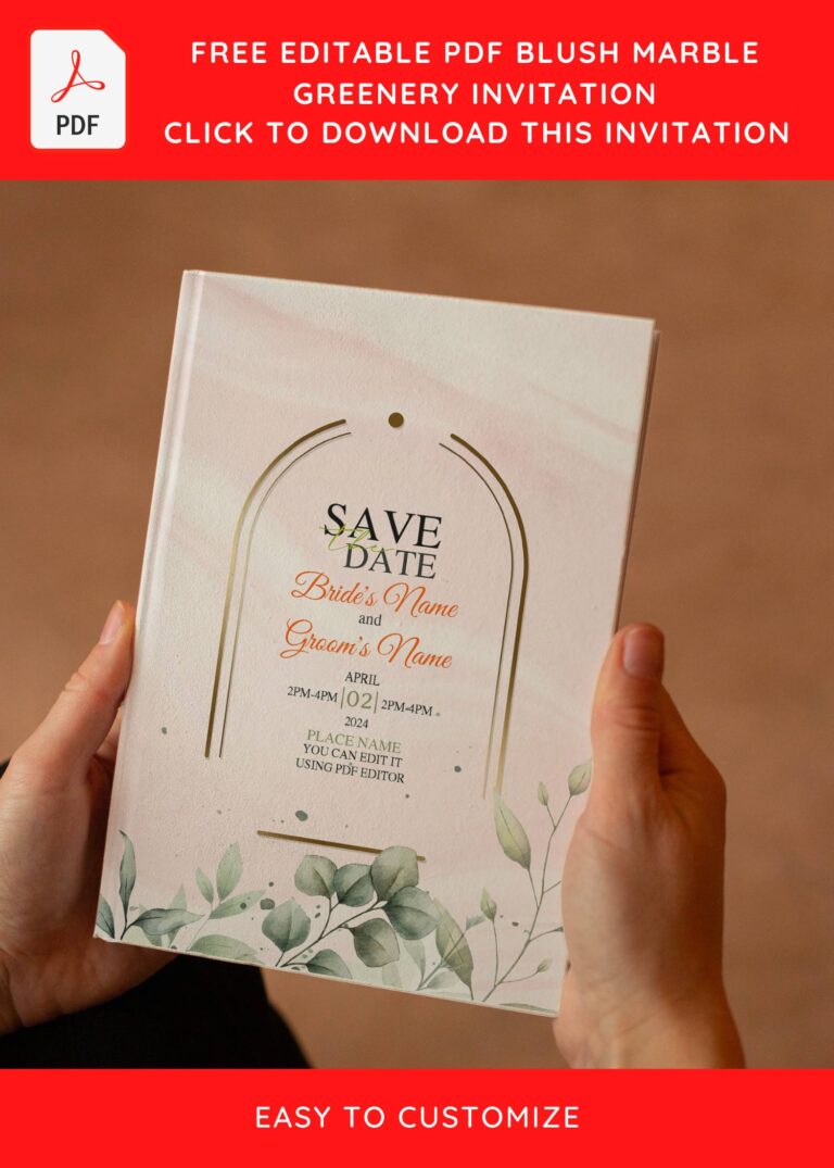 (Free Editable PDF) Blush Ombre Marble Greenery Invitation Templates with blush pink marble background