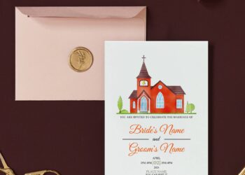 (Free Editable PDF) Beautiful Church Wedding Invitation Templates with beautiful red church