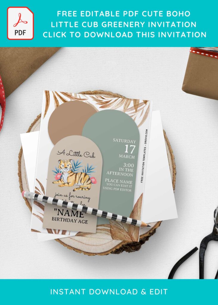 Free Editable PDF Watercolor Boho Little Cub Birthday Invitation Templates