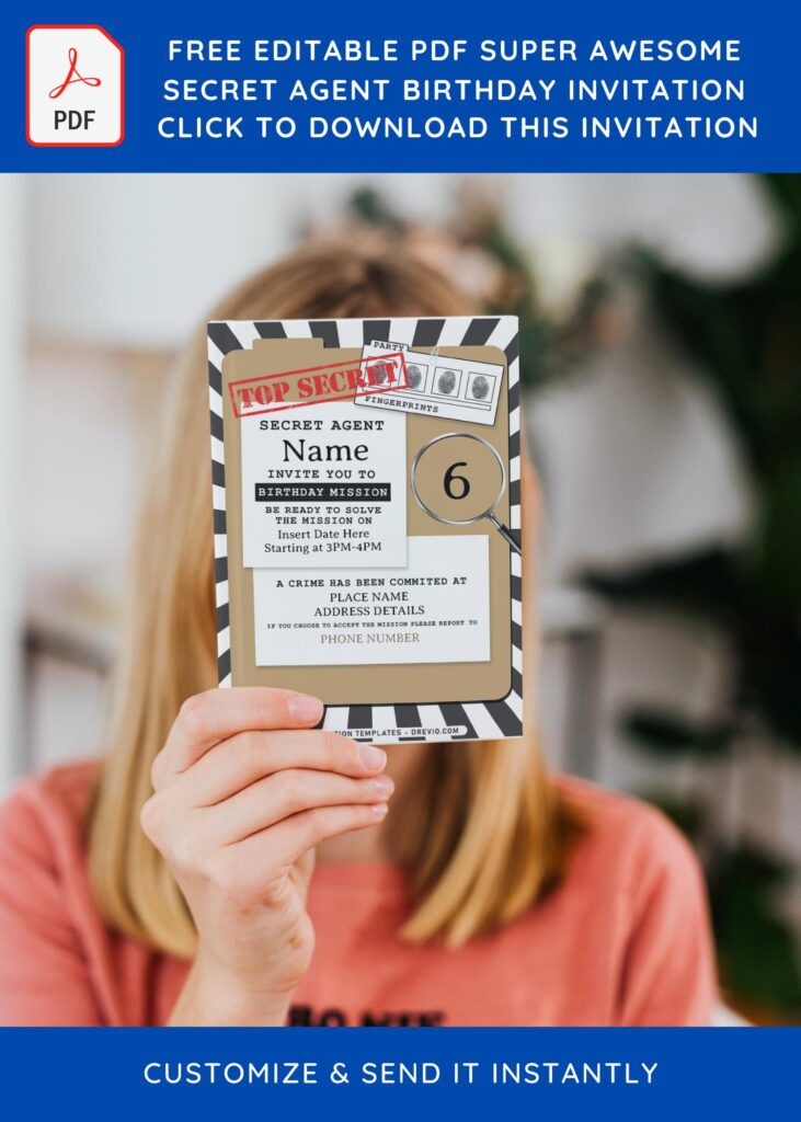 (Free Editable PDF) Super Awesome Secret Agent Birthday Invitation Templates with retro background