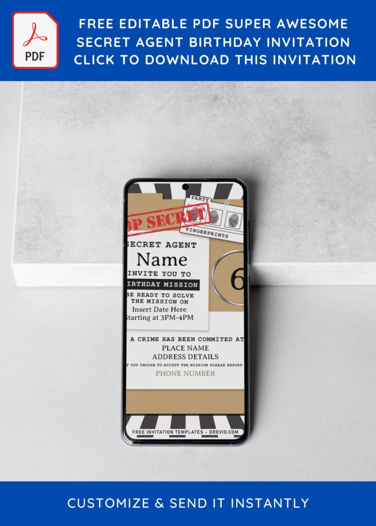 (Free Editable PDF) Super Awesome Secret Agent Birthday Invitation Templates with cardboard text box