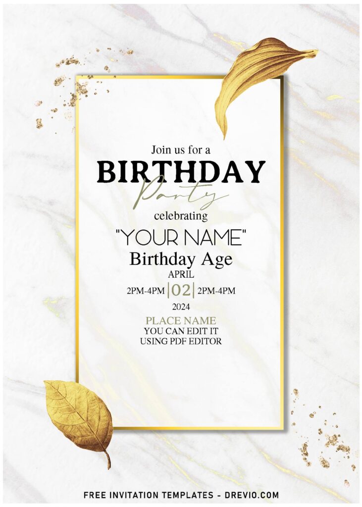 2 Free Editable PDF Gold Foliage Birthday Invitation Templates