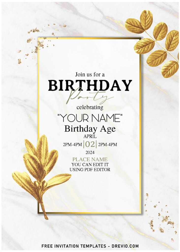 3 Free Editable PDF Stunning Gold Foliage Birthday Invitation Templates