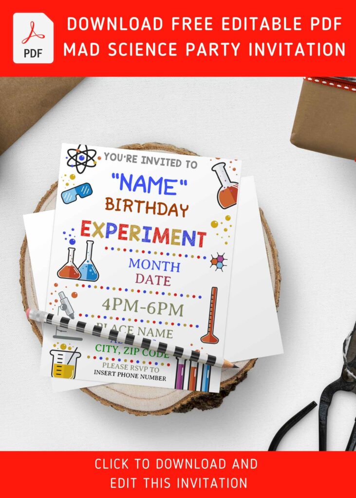 (Free Editable PDF) Explosive Fun Mad Science Party Invitation Templates with Chemistry Lab instruments