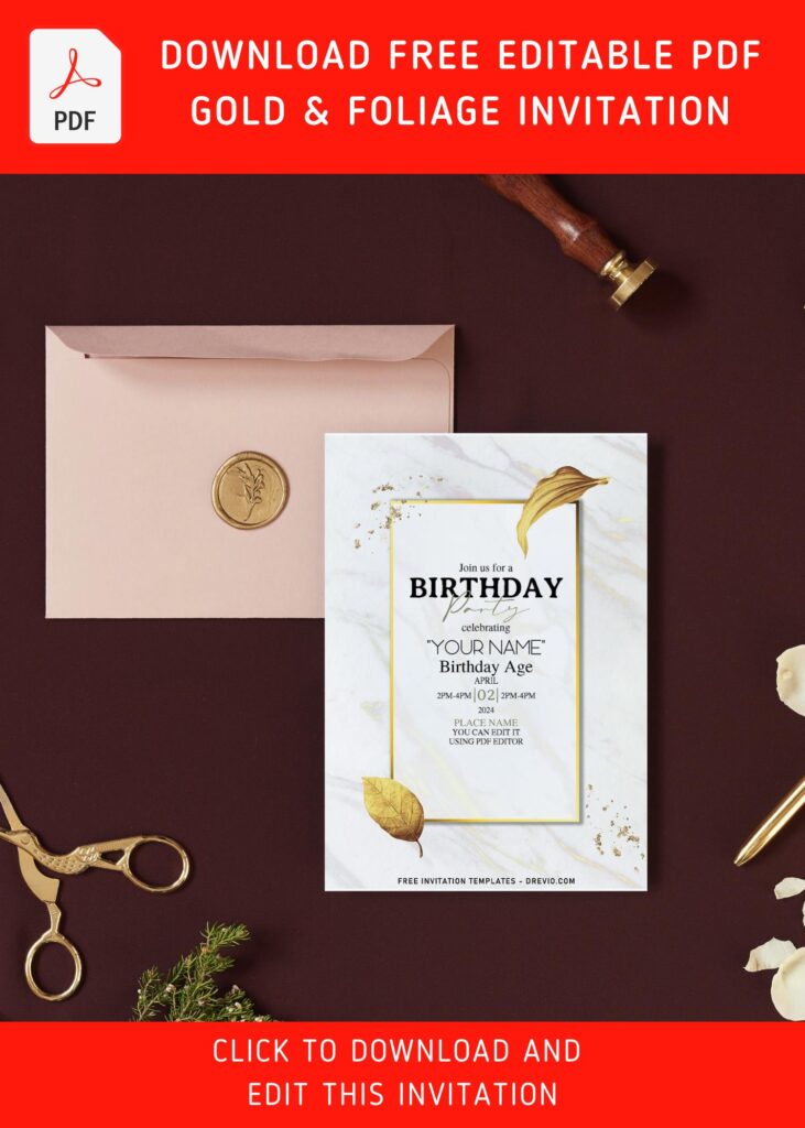 5 Free Editable PDF Stylish Gold Foliage Birthday Invitation Templates